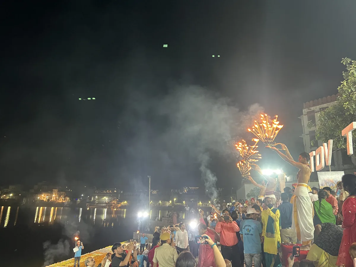 An evening fire ritual at Pushkar Lake