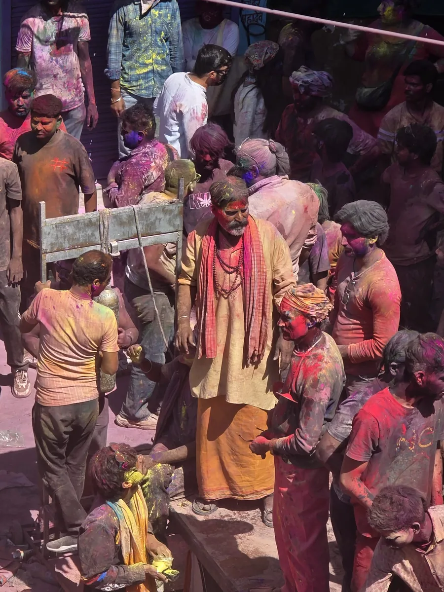 A crowd celebrates Holi in Pushkar