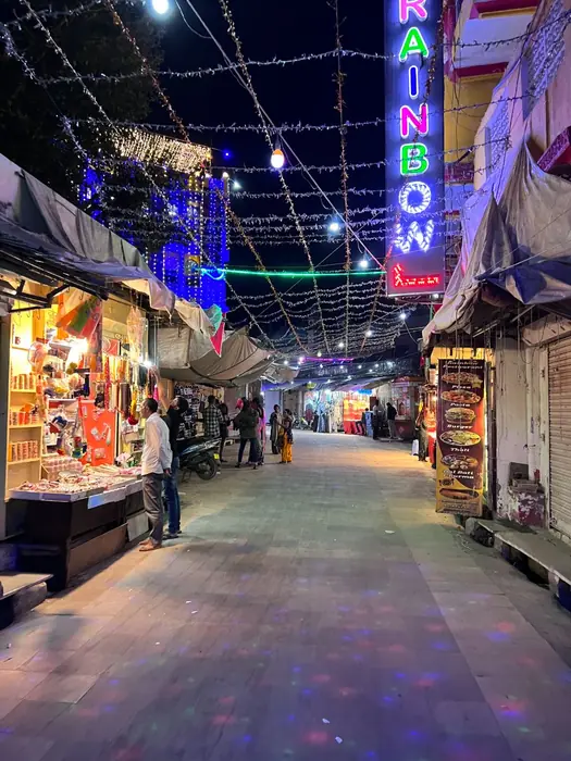 A decorated market lane in Pushkar after dark