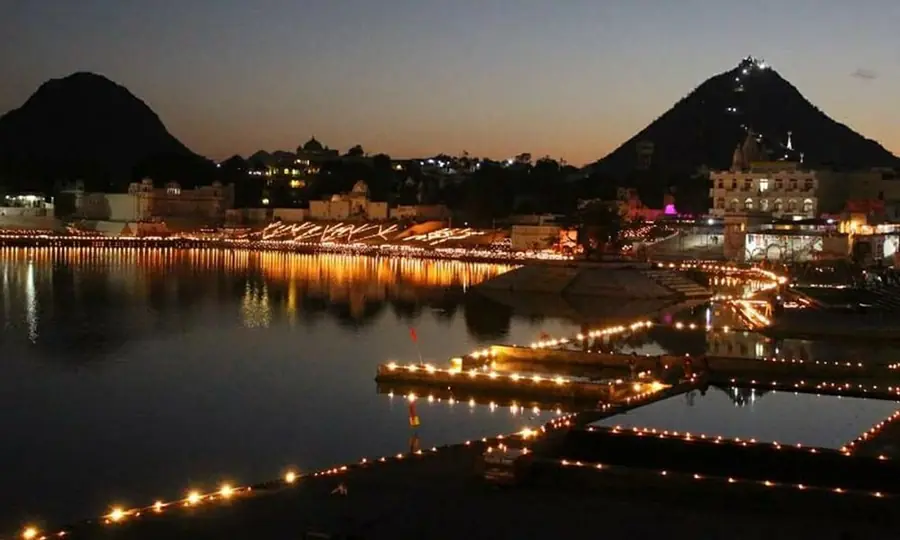 The ghats and hills around Pushkar Lake at night
