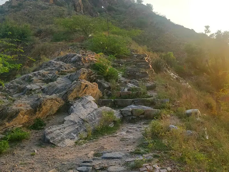 A rocky trail winding through dry hills near Pushkar